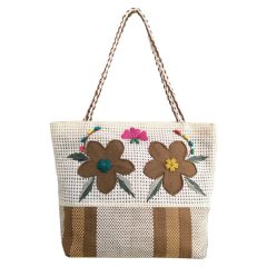 Τσάντα Ψάθινη Ριγέ Kαφέ Λουλούδια -Sungrace
